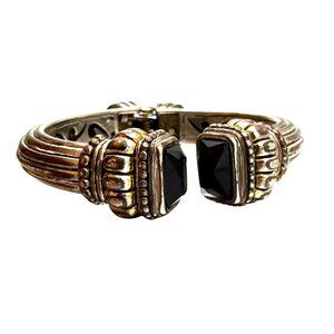 Vintage Silver Tone Hinged Cuff Bracelet Black Faceted Stones Statement Bracelet